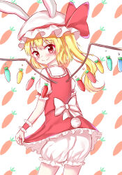 Rule 34 | 1girl, absurdres, alternate wings, animal ears, back bow, blonde hair, bloomers, blush, bow, carrot background, closed mouth, cowboy shot, fake animal ears, flandre scarlet, from behind, hanen (borry), hat, hat ribbon, highres, light smile, looking at viewer, looking back, medium hair, multicolored wings, one side up, puffy short sleeves, puffy sleeves, rabbit ears, red eyes, red ribbon, red skirt, red vest, ribbon, shirt, short sleeves, simple background, skirt, skirt hold, sleeve ribbon, solo, touhou, underwear, vest, white background, white bloomers, white bow, white hat, white shirt, wings, wrist cuffs