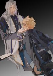 Rule 34 | 2boys, acutecrane, blonde hair, blush, book, cloud strife, cross, final fantasy, final fantasy vii, finger in another&#039;s mouth, formal, grey hair, grin, highres, kneeling, long hair, male focus, multiple boys, priest, sephiroth, simple background, smile, spiked hair, suit, yaoi
