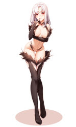 Rule 34 | 1girl, absurdres, bare shoulders, bikini, black bikini, black gloves, black thighhighs, breasts, cleavage, de da xianyu, elbow gloves, fantasy, finger to mouth, full body, gloves, groin, hand up, highres, index finger raised, leaning forward, long hair, looking at viewer, medium breasts, nail polish, navel, original, parted bangs, parted lips, red eyes, red nails, revealing clothes, simple background, smile, solo, standing, swimsuit, thighhighs, thighs, white background, white hair