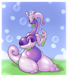 Rule 34 | 1girl, antennae, blue background, border, breast hold, breasts, bubble, cloud, collarbone, creatures (company), dragon, female focus, full body, furry, furry female, game freak, gen 6 pokemon, goodra, green eyes, hands up, highres, large breasts, looking at viewer, nintendo, nipples, nude, one eye closed, open mouth, outdoors, partially visible vulva, pokemon, pokemon (creature), pokemon xy, retro parasite, simple background, sitting, sky, solo, tail, thick thighs, thighs, white border, wide hips, wink
