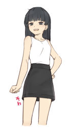 Rule 34 | 1girl, bare arms, bare legs, black eyes, black hair, black skirt, breasts, collarbone, cropped legs, female focus, from below, legs apart, light blush, looking at viewer, matching hair/eyes, medium breasts, open mouth, original, shirt, simple background, skirt, sleeveless, solo, standing, tareme, translation request, usule, white background, white shirt