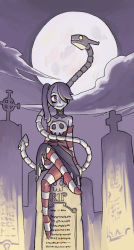 Rule 34 | 1girl, alex ahad, bare shoulders, blue hair, blue skin, colored skin, crossed legs, detached collar, detached sleeves, full moon, graveyard, hair over one eye, leviathan (skullgirls), long hair, moon, night, night sky, no shoes, non-web source, pantyhose, red eyes, side ponytail, sitting, skirt, skull, skullgirls, sky, smile, solo, squigly (skullgirls), stitched mouth, stitches, striped clothes, striped pantyhose, striped sleeves, zombie