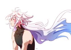 Rule 34 | 1boy, androgynous, bishounen, black shirt, blue hair, blush, closed eyes, facing to the side, fate/grand order, fate (series), heeparang, long hair, merlin (fate), messy hair, multicolored hair, petals, purple hair, shirt, silver hair, sleeveless, sleeveless shirt, white background