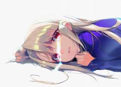 Rule 34 | 1girl, commentary, dress, fate/stay night, fate (series), highres, illyasviel von einzbern, light rays, long hair, long sleeves, looking at viewer, lying, milin (orange maru), on stomach, purple dress, red eyes, simple background, solo, sunbeam, sunlight, white background, white hair