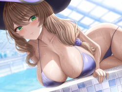 Rule 34 | 1girl, abpart, bikini, blue bikini, blurry, blurry background, blush, breasts, brown hair, cleavage, closed mouth, collarbone, commentary, english commentary, genshin impact, green eyes, highres, large breasts, lisa (genshin impact), long hair, looking at viewer, smile, solo, swimsuit, wet