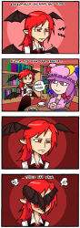 Rule 34 | 2girls, 4koma, bat wings, blush, comic, covering face, embarrassed, female focus, finnish text, head wings, koakuma, library, multiple girls, patchouli knowledge, pointy ears, purple eyes, purple hair, red eyes, red hair, setz, slit pupils, spoken blush, touhou, translated, wings