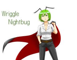 Rule 34 | 1girl, antennae, belt, breasts, cape, casual, character name, cleavage, collarbone, dress shirt, female focus, green eyes, green hair, kieeyo, matching hair/eyes, medium breasts, aged up, pants, shirt, short hair, sleeves rolled up, solo, striped, tomboy, touhou, unbuttoned, vertical stripes, wriggle nightbug