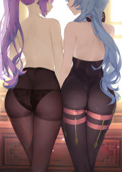 Rule 34 | 2girls, absurdres, ass, ass focus, backboob, backless leotard, bare shoulders, black panties, black pantyhose, blue hair, bodysuit, breasts, butt crack, earrings, from behind, ganyu (genshin impact), genshin impact, hair ornament, hairpin, haku89, height difference, highres, huge ass, jewelry, keqing (genshin impact), leotard, long hair, medium breasts, multiple girls, panties, panties under pantyhose, pantyhose, purple hair, see-through, shiny clothes, sideboob, topless, twintails, underwear, very long hair