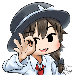 Rule 34 | 1girl, profile picture, bow, brown hair, chamaji, commentary, fedora, hair bow, hat, hat bow, hat ribbon, long sleeves, looking at viewer, lowres, necktie, ok sign, ok sign over eye, red necktie, ribbon, shirt, short hair, signature, solo, touhou, upper body, usami renko, white background, white bow, white shirt