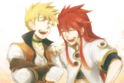 Rule 34 | 00s, 2boys, blonde hair, choker, gloves, guy cecil, long hair, luke fon fabre, male focus, multiple boys, red hair, smile, tales of (series), tales of the abyss, white background