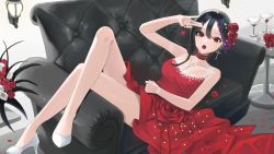 Rule 34 | 1girl, :o, black hair, braid, braided bangs, cherry, choker, commission, couch, cross, cross necklace, crossed legs, cup, dress, dress flower, drinking glass, flower, food, fruit, hair flower, hair ornament, high heels, holding, holding food, holding fruit, jewelry, lvetica, lying, necklace, on back, on couch, open mouth, original, petals, plant, purple hair, red eyes, rose, rose petals, sleeveless, sleeveless dress, solo, table, watermark, wine glass