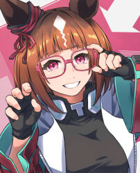 1girl adjusting_eyewear alto-00 animal_ears black_gloves black_shirt blue_jacket bow brown_hair commentary ear_ribbon fingerless_gloves glasses gloves grin hands_up headphones headphones_around_neck highres horse_ears horse_girl jacket long_sleeves looking_at_viewer open_clothes open_jacket pink-framed_eyewear pink_eyes pink_hair red_ribbon ribbon shirt short_hair smile solo transcend_(umamusume) umamusume upper_body white_background wide_sleeves