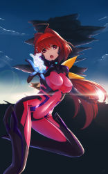 Rule 34 | 1girl, ahoge, arm up, backlighting, bodysuit, bow, breasts, cloud, commentary, commentary request, covered navel, english commentary, hair bow, hair intakes, has bad revision, has downscaled revision, hell machina, highres, huge ahoge, impossible bodysuit, impossible clothes, kagami sumika, large breasts, long hair, low ponytail, md5 mismatch, muv-luv, muv-luv alternative, open mouth, outdoors, pilot suit, pink bodysuit, ponytail, red eyes, red hair, resolution mismatch, skin tight, sky, solo, source smaller, standing, standing on one leg, sun, sunrise, very long hair, yellow bow