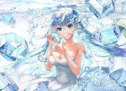 Rule 34 | 1girl, air bubble, apple caramel, bare arms, blue hair, breasts, bubble, cleavage, collarbone, commentary request, dress, flower, flower in mouth, gem, green eyes, hair between eyes, hair flower, hair ornament, long hair, looking at viewer, medium breasts, original, resolution mismatch, sidelocks, sleeveless, sleeveless dress, solo, source larger, strapless, strapless dress, submerged, twintails, white dress