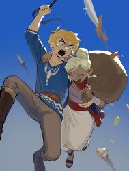 1boy 1girl angry blonde_hair blue_shirt highres laughing link lobster money_bag nintendo rupee_(zelda) scarf senzo6700 shirt tan tetra the_legend_of_zelda the_legend_of_zelda:_the_wind_waker toon_link