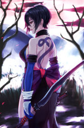 Rule 34 | 1girl, backless outfit, black hair, blue eyes, breasts, heterochromia, highres, large breasts, looking at viewer, red eyes, samurai spirits, shiki (samurai spirits), snk, sword, weapon