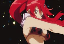 Rule 34 | 00s, 1girl, animated, animated gif, bikini, bikini top only, bouncing breasts, breasts, cleavage, finger gun, fingerless gloves, gloves, hair ornament, hairclip, large breasts, one eye closed, pieces of sweet stars, pointing, red hair, scarf, skull, skull hair ornament, solo, star (symbol), swimsuit, tengen toppa gurren lagann, underboob, wink, winking (animated), yellow eyes, yoko littner