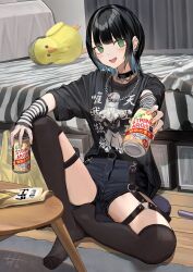 Rule 34 | 1girl, :d, absurdres, alcohol, arm warmers, bed, belt, black hair, blue hair, can, collar, colored inner hair, douryou (buta5813), green eyes, highres, indoors, jirai kei, multicolored hair, no shoes, open mouth, original, short hair, short shorts, shorts, sitting, smile, solo, stuffed toy, tetto (onnoveltet), thighhighs, two-tone hair
