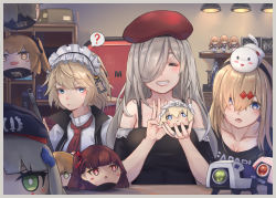 Rule 34 | 3girls, ?, ahoge, alternate eye color, apron, black shirt, blonde hair, blue eyes, blush, braid, breasts, broom, casual, character doll, cleavage, collarbone, cropped vest, dinergate (girls&#039; frontline), doll, dress, expressionless, figure, g11 (girls&#039; frontline), g36 (girls&#039; frontline), g36 (mod3) (girls&#039; frontline), g36c (girls&#039; frontline), girls&#039; frontline, grin, hair between eyes, hair ornament, hair over one eye, heterochromia, highres, hk416 (girls&#039; frontline), holding, holding broom, holding doll, jewelry, large breasts, long hair, looking at viewer, maid, maid apron, maid headdress, medium breasts, mg36 (girls&#039; frontline), mod3 (girls&#039; frontline), multiple girls, red eyes, ring, shirt, side braid, sidelocks, silver hair, smile, spoken question mark, springfield (girls&#039; frontline), ump45 (girls&#039; frontline), ump9 (girls&#039; frontline), very long hair, vest, wa2000 (girls&#039; frontline), wedding ring, xyufsky, yellow eyes