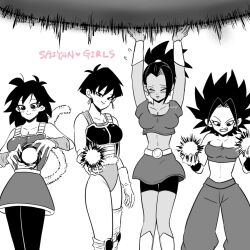 4girls antenna_hair bad_tag belt blush boots breasts caulifla cleavage clenched_teeth closed_eyes collarbone dark_skin dragon_ball dragon_ball_minus dragon_ball_super dragon_ball_super_broly dragonball_z earrings energy_ball english_text gine greyscale high_ponytail highres ireba_sui jewelry kale_(dragon_ball) leggings looking_at_viewer looking_down monochrome multiple_girls nervous pants ponytail saiyan saiyan_armor seripa shirt short_hair simple_background skirt sleeveless sleeveless_shirt smile spiked_hair teeth white_background