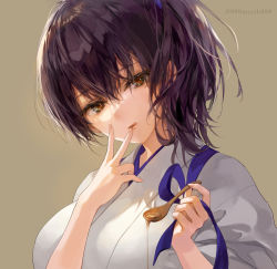 Rule 34 | 1girl, 888myrrh888, breasts, brown background, brown eyes, brown hair, fingernails, hair between eyes, highres, holding, holding spoon, japanese clothes, kaga (kancolle), kantai collection, large breasts, lips, long hair, side ponytail, simple background, solo, spoon, tasuki, tongue, tongue out, twitter username, upper body