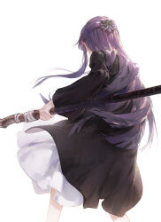 Rule 34 | 1girl, absurdres, black dress, dino (dinoartforame), dress, fern (sousou no frieren), from behind, hair ornament, highres, holding, holding staff, long hair, mage staff, purple hair, solo, sousou no frieren, staff, white background