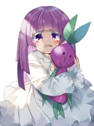 Rule 34 | 1girl, blunt bangs, blush, commentary request, cookie run, crying, crying with eyes open, dress, highres, holding, holding toy, humanization, kyusai kuma, long hair, long sleeves, looking at viewer, onion cookie, open mouth, puffy long sleeves, puffy sleeves, purple eyes, purple hair, sitting, stuffed toy, tears, toy, white dress