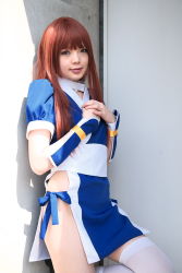Rule 34 | 1girl, asian, breasts, cosplay, dead or alive, highres, kasumi (doa), kasumi (doa) (cosplay), long hair, looking at viewer, namada, outdoors, panties, pelvic curtain, photo (medium), red hair, side-tie panties, small breasts, solo, tecmo, thighhighs, underwear, white thighhighs