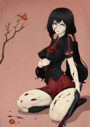 Rule 34 | 10s, 1girl, ao madoushi, black hair, blood, blood-c, blood on face, blood on clothes, breasts, covered erect nipples, glasses, katana, kisaragi saya, large breasts, long hair, no bra, school uniform, seiza, sitting, solo, sword, very long hair, weapon