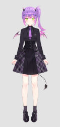 Rule 34 | 1girl, arms at sides, banned artist, black dress, black footwear, black nails, black socks, blush, closed mouth, demon girl, demon horns, demon tail, demon wings, dress, ear piercing, full body, green eyes, highres, hololive, horns, long hair, looking at viewer, multicolored hair, nail polish, necktie, official alternate costume, piercing, pink hair, pleated dress, purple hair, purple necktie, rurudo, shoes, side ponytail, sidelocks, simple background, socks, solo, standing, streaked hair, tail, tie clip, tokoyami towa, virtual youtuber, wings