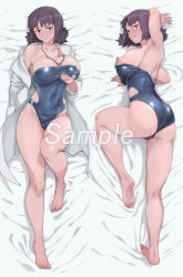 Rule 34 | 1girl, absurdres, armpits, ass, bed sheet, blue one-piece swimsuit, blush, breasts, creatures (company), dakimakura (medium), full body, game freak, highres, hirokanekure, jewelry, large breasts, looking at viewer, lying, multiple views, necklace, nintendo, nipples, on back, on stomach, one-piece swimsuit, philena ivy, pokemon, purple eyes, purple hair, sample watermark, shiny skin, short hair, strapless, strapless one-piece swimsuit, swimsuit, watermark