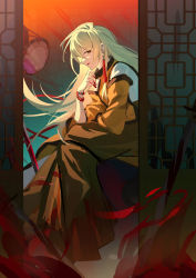 Rule 34 | 1girl, arong, blonde hair, blood, bloody weapon, bracelet, breasts, cape, chair, detached sleeves, door, drum, earrings, eyes visible through hair, fingernails, gradient background, green background, green skirt, grey shirt, hair between eyes, hand up, highres, instrument, jewelry, long fingernails, long hair, long sleeves, looking back, looking to the side, matara okina, medium breasts, multicolored background, nail polish, no headwear, open door, open mouth, orange background, orange cape, orange eyes, red nails, shirt, sitting, skirt, smile, solo, sword, tabard, touhou, tsuzumi, weapon, wide sleeves