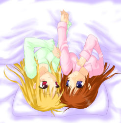 Rule 34 | 00s, 2girls, bed, bed sheet, blonde hair, blue eyes, brown hair, fate testarossa, holding hands, long hair, long sleeves, looking at another, lying, lyrical nanoha, mahou shoujo lyrical nanoha, mahou shoujo lyrical nanoha strikers, multiple girls, pajamas, pillow, red eyes, saki chisuzu, shared blanket, smile, takamachi nanoha, under covers, upside-down, yuri