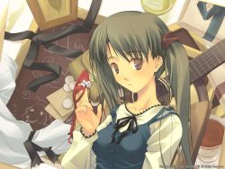 Rule 34 | 1girl, black eyes, black hair, black ribbon, buttons, chalkboard, cup, guitar, hair ribbon, instrument, looking at viewer, messy room, mitsumi misato, official art, official wallpaper, one side up, red footwear, red ribbon, ribbon, sandals, shoes, unworn shoes, solo, sumadera yukio, tea, teacup, tenshi no inai 12-gatsu, twintails, upper body