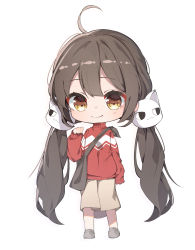 Rule 34 | 1girl, ahoge, black hair, brown eyes, brown skirt, cat hair ornament, clip studio paint (medium), closed mouth, full body, grey footwear, hair between eyes, hair ornament, highres, long hair, long sleeves, looking at viewer, low twintails, original, red sweater, se.a, shoes, simple background, skirt, sleeves past wrists, smile, solo, standing, sweater, twintails, very long hair, white background