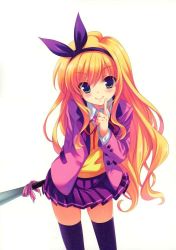 Rule 34 | 1girl, black thighhighs, blazer, blonde hair, blush, flat chest, green eyes, hair ribbon, hairband, hand to own mouth, isurugi mio, jacket, long hair, mm!, non-web source, pleated skirt, purple skirt, qp:flapper, ribbon, school uniform, simple background, skirt, smile, solo, standing, thighhighs, third-party edit, very long hair, white background, zettai ryouiki
