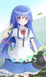 Rule 34 | 1girl, black headwear, blue hair, blue skirt, blue sky, bow, bowtie, collared shirt, food, frilled skirt, frills, fruit, hand in own hair, unworn headwear, highres, hinanawi tenshi, leaf, long hair, looking at viewer, oekaki iorin, open mouth, outdoors, peach, red bow, red bowtie, red eyes, shirt, short sleeves, skirt, sky, solo, touhou