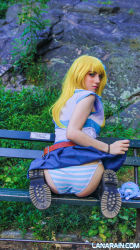 Rule 34 | 1girl, ass, bench, blonde hair, clothes lift, cosplay, fairy tail, from behind, full body, highres, lana rain, long hair, looking at viewer, looking back, lucy heartfilia, lucy heartfilia (cosplay), outdoors, panties, park, photo (medium), pleated skirt, self-upload, side-tie panties, sitting, skirt, skirt lift, solo, striped clothes, striped panties, underwear, wariza