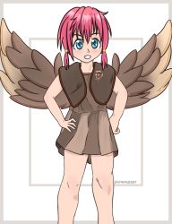 Rule 34 | 1girl, badge, badman0207, beads, blue eyes, brown coat, child, coat, creatures (company), feathered wings, feathers, game freak, gen 1 pokemon, grin, hands on own hips, highres, humanization, leather vest, legs, moemon, nintendo, pidgey, pink hair, pokemon, simple background, skirt, smile, tomboy, wings