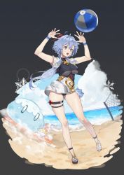 Rule 34 | 1girl, adapted costume, ahoge, alternate costume, ball, beach, beachball, bell, blue hair, breasts, drink, full body, ganyu (genshin impact), genshin impact, gold trim, highres, horns, large breasts, long hair, looking at another, low ponytail, neck bell, open mouth, peagunz, purple eyes, sandals, sidelocks, skindentation, slime (genshin impact), smile, solo, tachi-e, thigh strap
