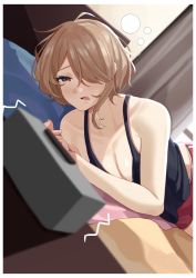 Rule 34 | 1girl, absurdres, alarm clock, bed, black tank top, blush, breasts, brown hair, casual, clock, curtains, haerge, hair over one eye, highres, honkai (series), honkai impact 3rd, indoors, large breasts, lying, mole, mole under eye, on bed, on side, open mouth, purple eyes, red shorts, rita rossweisse, short hair, short shorts, shorts, sleepy, solo, tank top, waking up