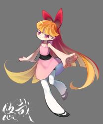 Rule 34 | 1girl, akazutsumi momoko, bare arms, bare shoulders, black footwear, blunt bangs, bow, closed mouth, dress, flat chest, full body, grey background, hair bow, highres, long hair, mary janes, orange hair, pantyhose, pink dress, pink eyes, powerpuff girls z, red bow, shoes, smile, solo, very long hair, white pantyhose, youzaiyouzai112