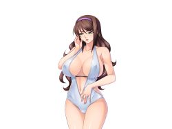 Rule 34 | 1girl, breasts, green eyes, kagami hirotaka, large breasts, lilith-soft, mature female, mole, nagisa sayoko, ochiru hitozuma, simple background, solo, swimsuit