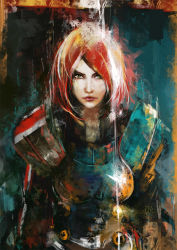 Rule 34 | 1girl, armor, commander shepard, commander shepard (female), green eyes, lips, looking at viewer, mass effect (series), mass effect 3, muju, n7 armor, painterly, pouring, red hair, solo, water