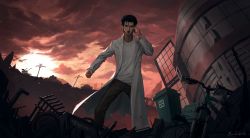 Rule 34 | 10s, 1boy, 2016, aircraft, airplane, anti-aircraft, anti-aircraft gun, artist name, black hair, building, cellphone, city, clenched hand, envie p1, fighter jet, highres, jet, lab coat, lamppost, male focus, military, military vehicle, motor vehicle, okabe rintarou, open mouth, phone, recycle bin, ruins, signature, smartphone, solo, steins;gate, tank
