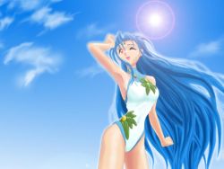 Rule 34 | 1girl, blue hair, casual one-piece swimsuit, clenched hand, cloud, day, facial mark, forehead mark, from below, long hair, one-piece swimsuit, pink eyes, red eyes, sky, solo, sun, swimsuit, tenchi muyou!, tsunami (tenchi muyou!), very long hair, wallpaper, wince