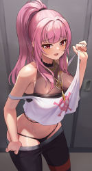 1girl bare_shoulders black_panties black_pants blush breasts cowboy_shot highres hololive hololive_english jewelry large_breasts long_hair looking_at_viewer mori_calliope mori_calliope_(streetwear) necklace off_shoulder onedoo open_mouth panties pants pink_hair ponytail red_eyes shirt skull_print sleeveless smile solo strap_pull sweat underwear virtual_youtuber white_shirt