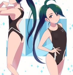 1girl ahoge alternate_costume ass bright_pupils brown_eyes closed_mouth collarbone commentary_request creatures_(company) game_freak green_hair hand_on_own_hip long_hair multiple_views nintendo one-piece_swimsuit pokemon pokemon_sv ponytail rika_(pokemon) rikinako380 sparkle stretching swimsuit white_pupils