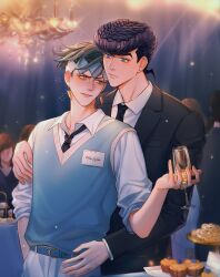 Rule 34 | 2boys, black jacket, black necktie, black pants, blue eyes, candy, champagne flute, closed mouth, cup, diamond wa kudakenai, drinking glass, drunk, earrings, food, formal, green eyes, green hair, headband, height difference, higashikata josuke, highres, holding, holding cup, indoors, jacket, jewelry, jojo no kimyou na bouken, kishibe rohan, long sleeves, looking at another, male focus, multiple boys, necktie, pants, polina29297783, pompadour, ring, shirt, sleeves rolled up, smile, squeans, sweater vest, white shirt, yaoi