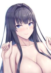 Rule 34 | 1girl, absurdres, black hair, blue eyes, blunt bangs, blush, breasts, cleavage, closed mouth, collarbone, commentary request, completely nude, highres, large breasts, long hair, nude, ohguro mariya, original, simple background, smile, solo, upper body, white background